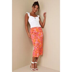 Lulus Gorgeous Muse Orange Floral Print Satin High Rise Midi Skirt - Size XS